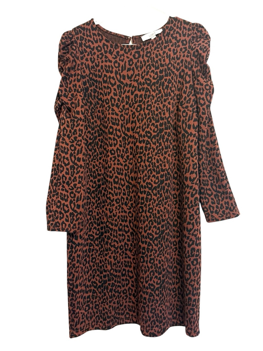 2/$30 LOFT Leopard Print Puff Long Sleeve Shift Dress Brown Black Size Large